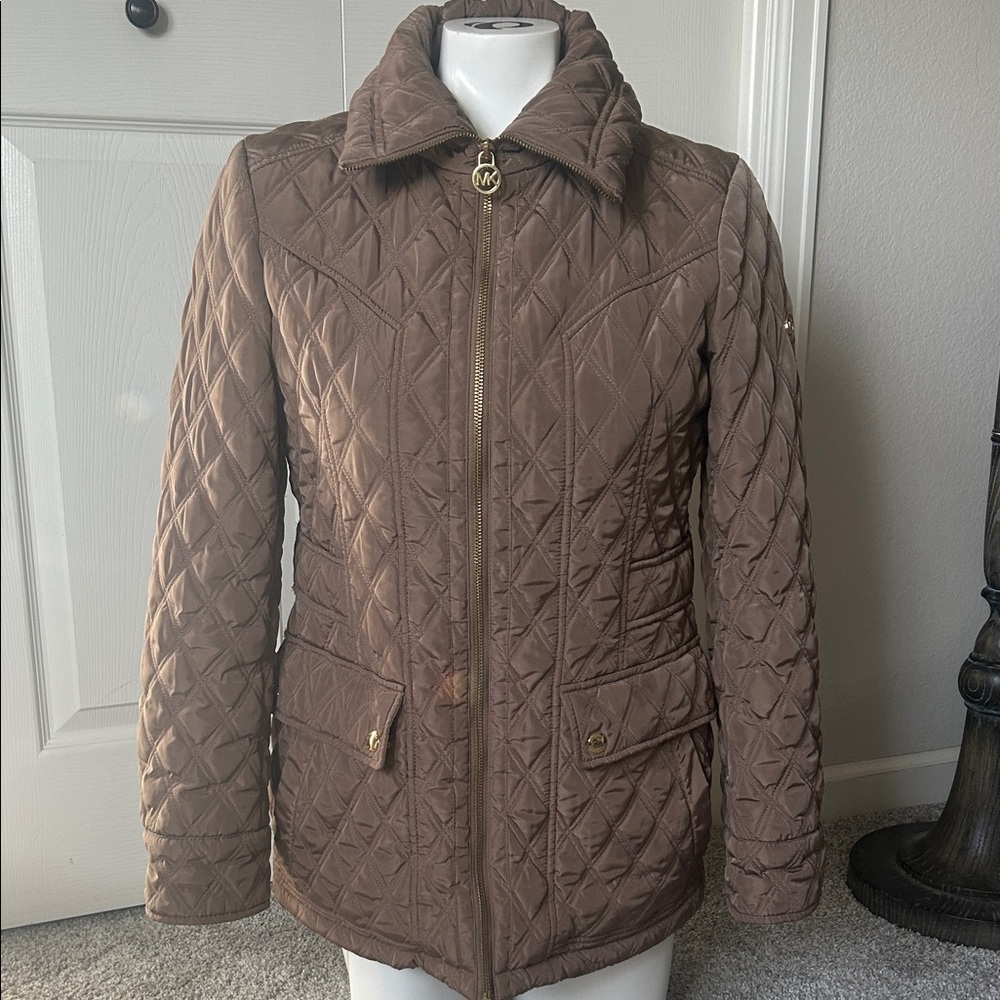 Michael Kors Light Brown Quilted Puffer Jacket Gold Accents Size M